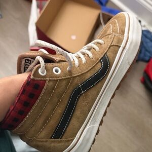 Tan High-Top Sneakers with Black Stripe